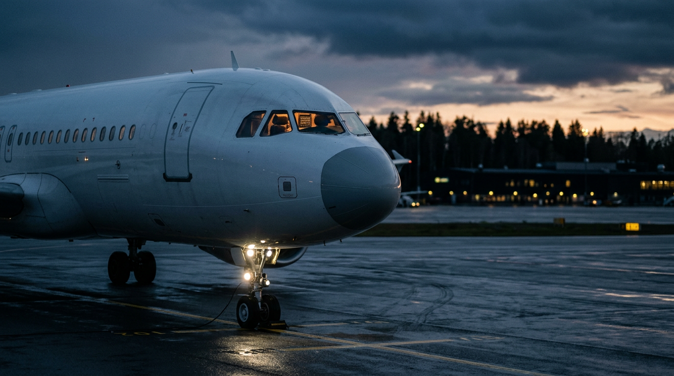 A passenger jet's nose and cockpit on a wet apron at dusk, nose lights on
