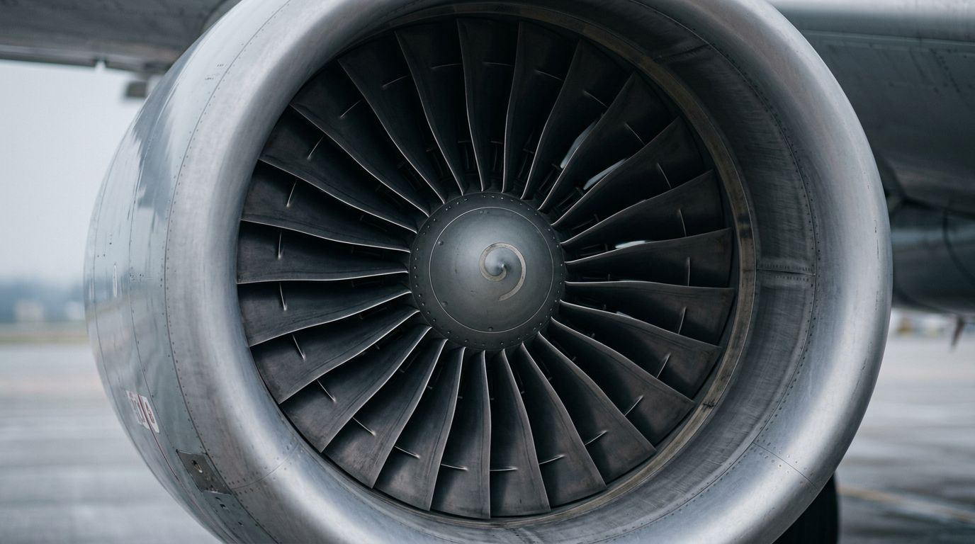 Close-up of a turbofan engine inlet and fan blades on an airport apron, in soft grey light