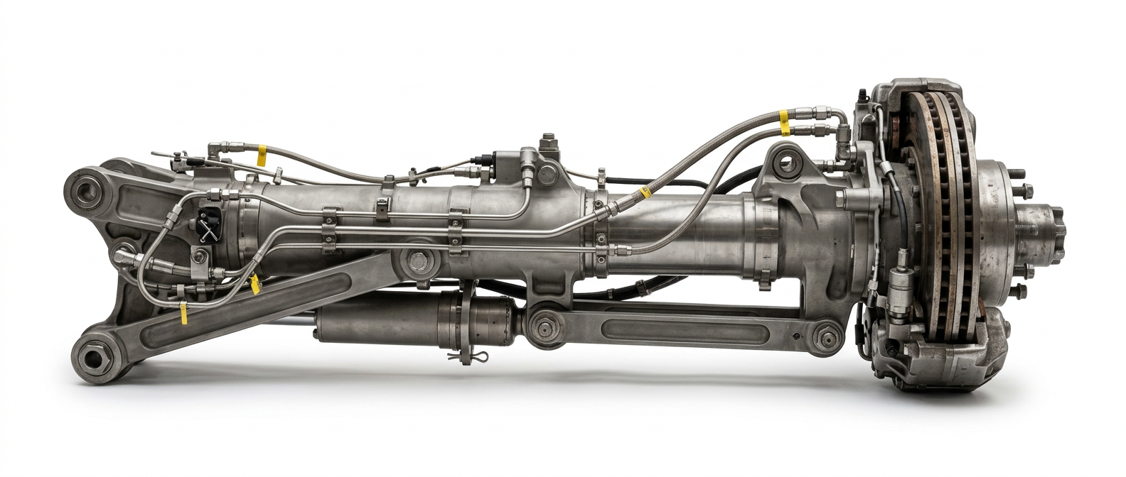 An aircraft main landing gear strut assembly with brake disc and hydraulic lines, on white