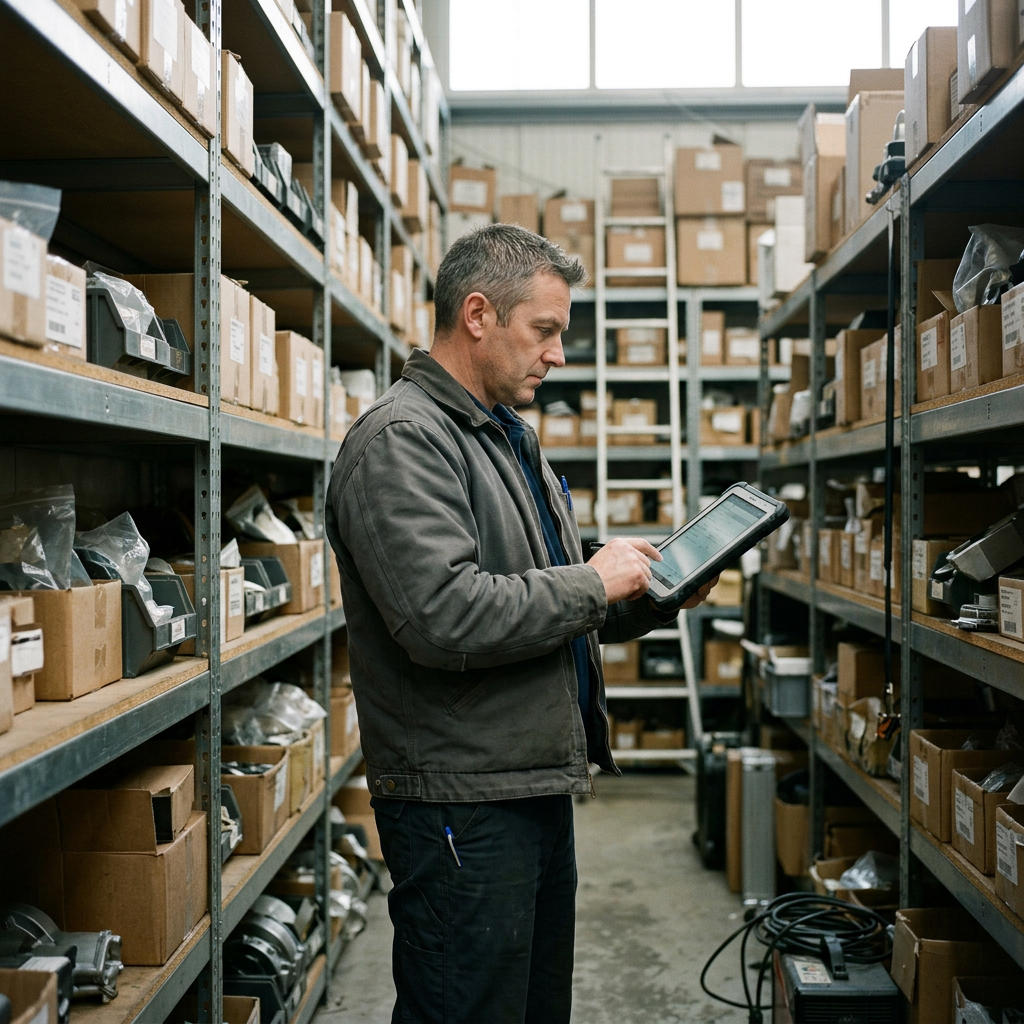 A stores manager in a grey work jacket reading a tablet between shelves of boxed aircraft parts